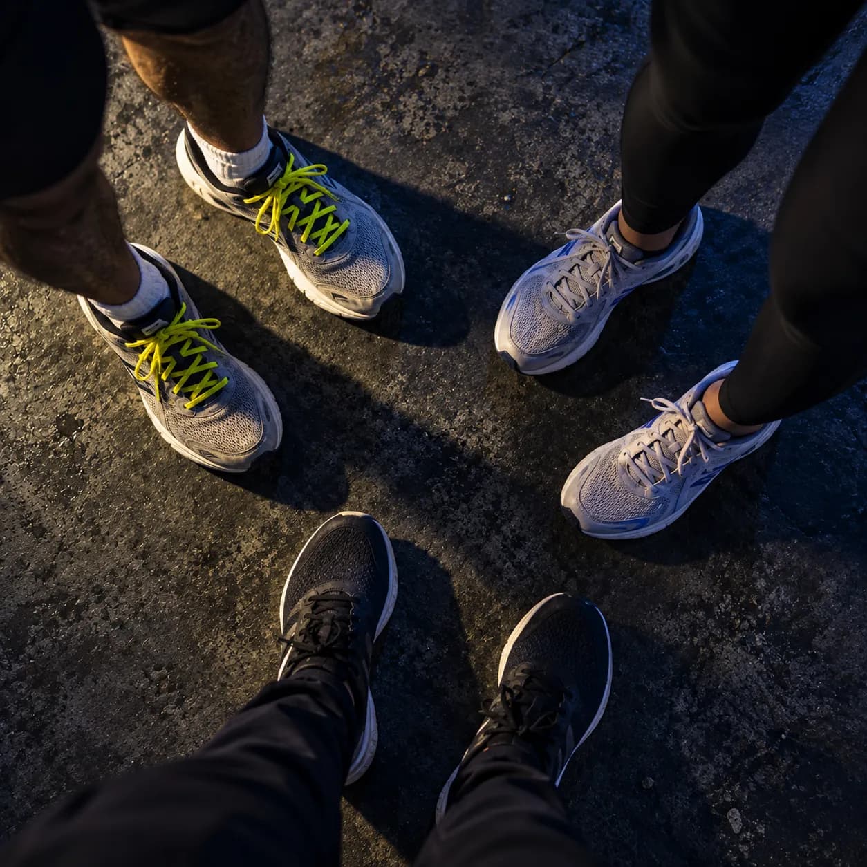 Four pairs of running shoes seen from above on a road at first light, one pair laced in lime.