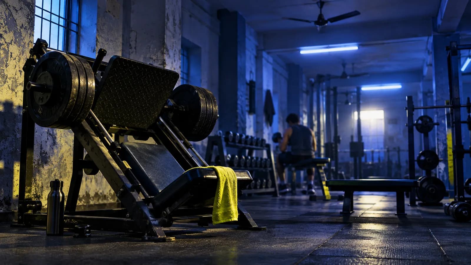 A small neighbourhood gym lit blue at night, racks and benches along one wall, a lime towel over a bar.
