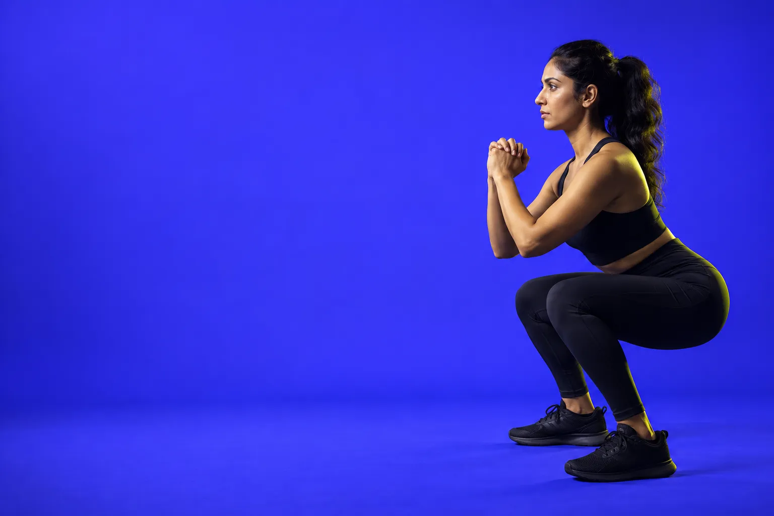 A woman holding the bottom of a bodyweight squat, side on, against a seamless electric-blue background.