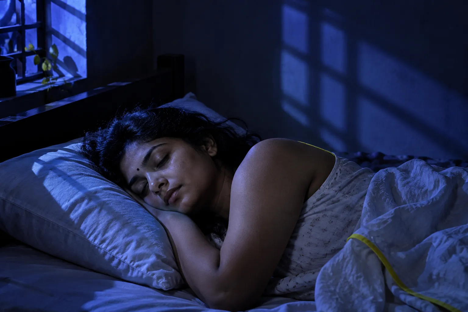 A woman asleep on her side under a sheet, lit only by blue moonlight through a window.