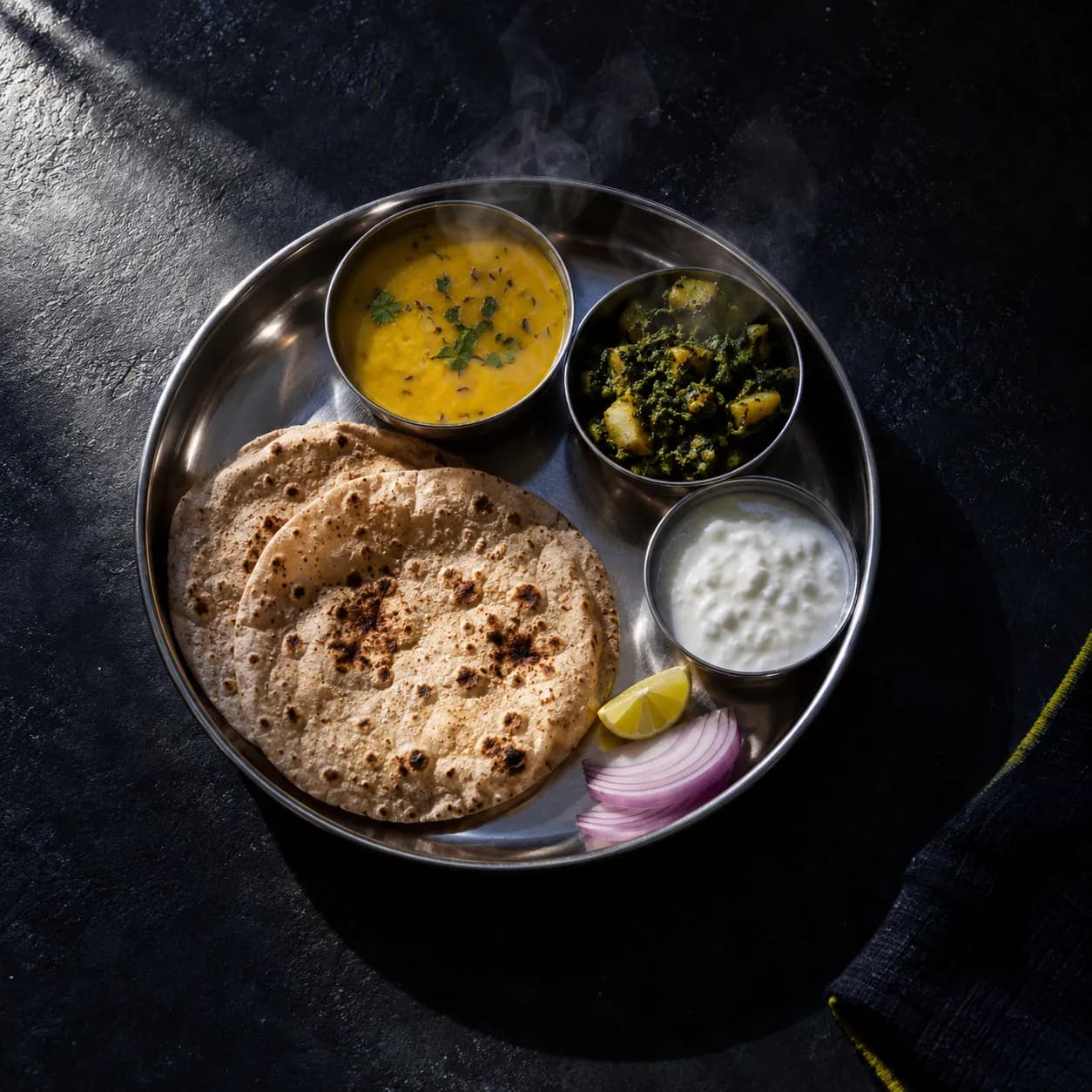 A steel thali photographed from above on near-black: dal, sabzi, curd, salad and roti in their katoris.